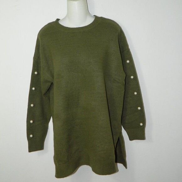 Zara Knits Sweater Army Green  Pearls Sleeves Tunic Length Jumper - Picture 1 of 12